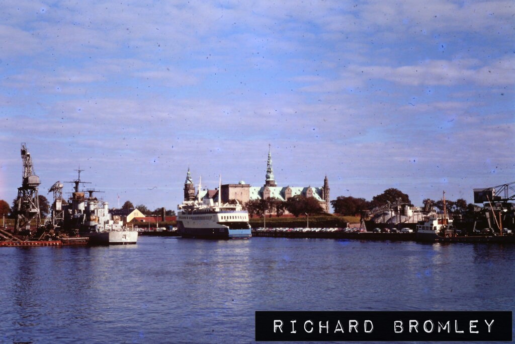Kronborg seen from the ferry - The blue and white ferry is Linjebuss International's Betula, and the naval vessel, F353 Herluf Trolle - 1968