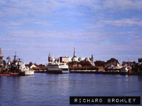 Kronborg seen from the ferry - The blue and white ferry is Linjebuss International's Betula, and the naval vessel, F353 Herluf Trolle - 1968